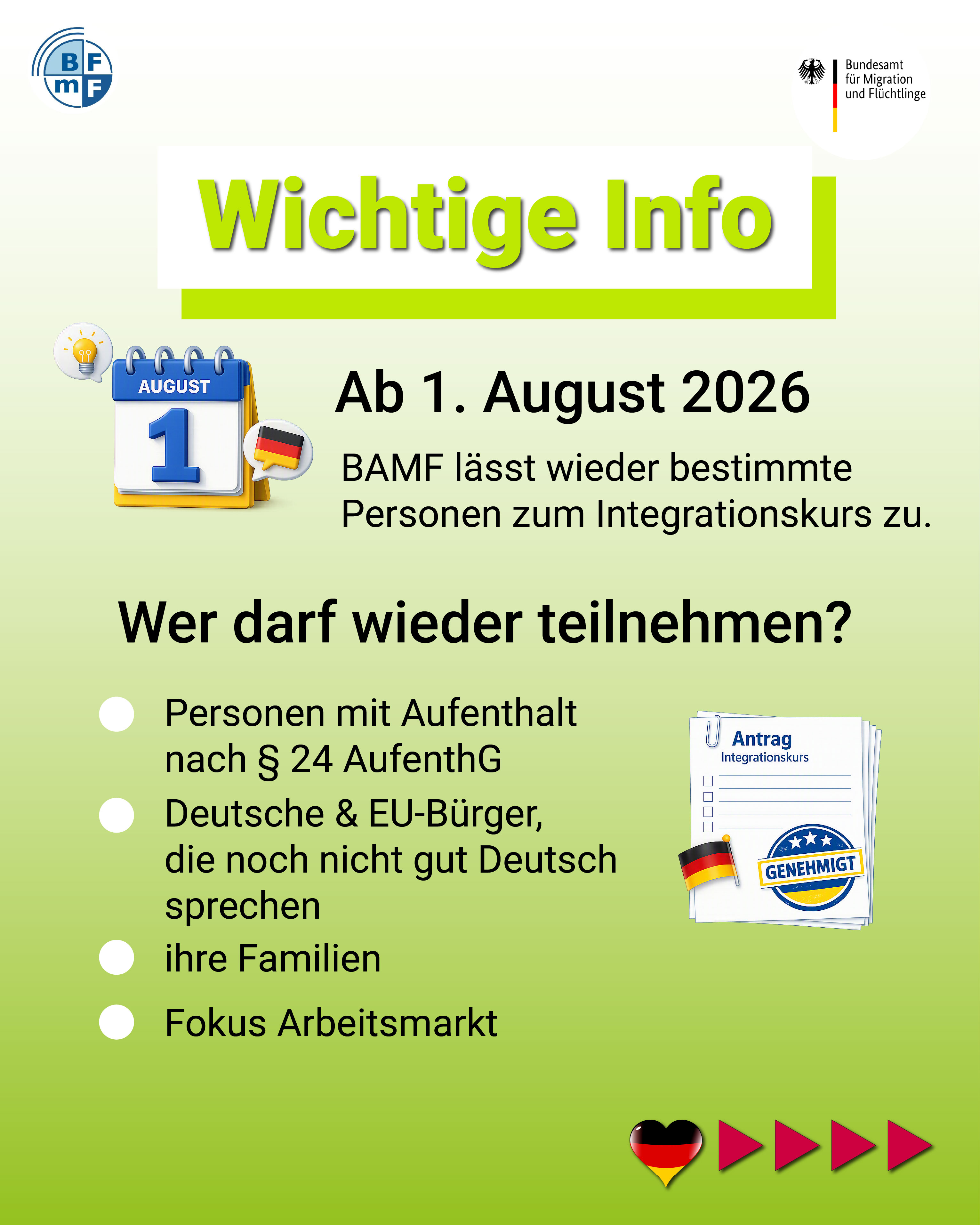 Wiederzulassung zu Integrationskursen ab 1. August 2026